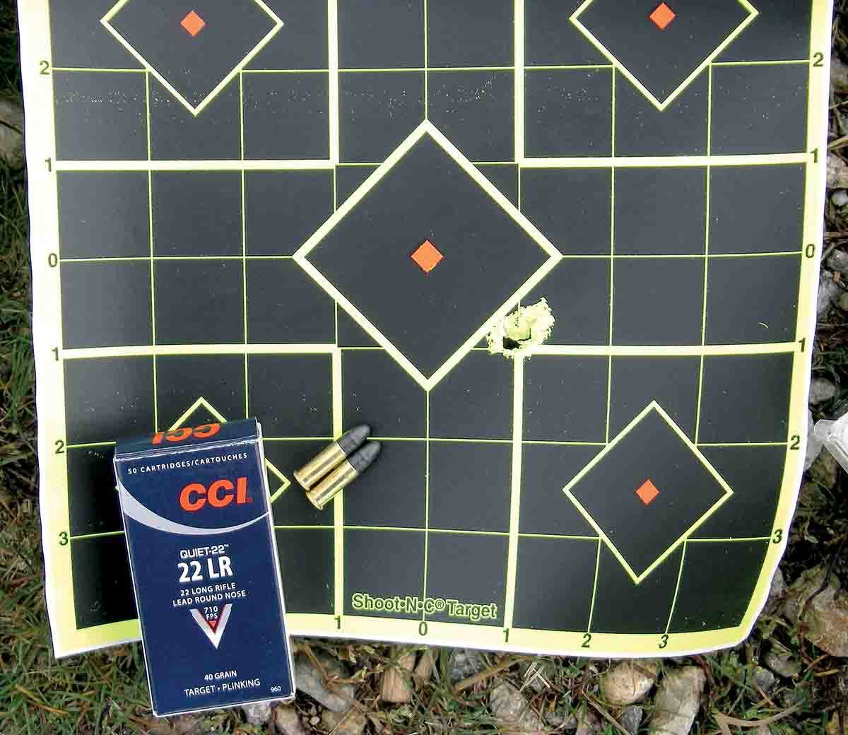 This five-shot group fired at 25 yards with CCI Quiet-22 ammunition measured .308 inch.